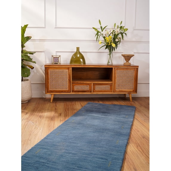 Rugsotic Carpets Hand Knotted Wool Area Rug 2'8''x9' Blue Contemporary Runner Indoor Rug for Living Room, Bedroom Antimicrobial L00226
