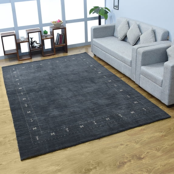 Rugsotic Carpets Hand Knotted Wool Area Rug 8'x10' Charcoal Contemporary Rectangle Indoor Rug for Living Room, Bedroom Antimicrobial L00520