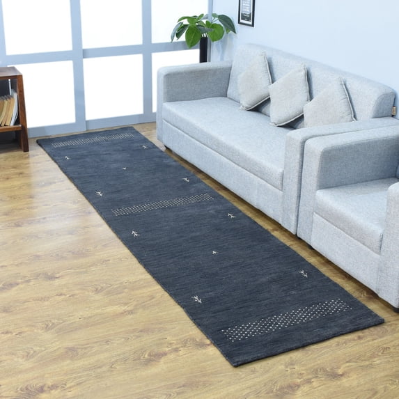 Rugsotic Carpets Hand Knotted Wool Area Rug 2'6''x10' Charcoal Contemporary Runner Indoor Rug for Living Room, Bedroom Antimicrobial L00515