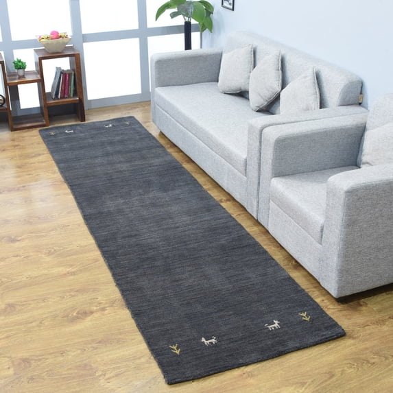Rugsotic Carpets Hand Knotted Wool Area Rug 2'6''x12' Charcoal Contemporary Runner Indoor Rug for Living Room, Bedroom Antimicrobial L00100