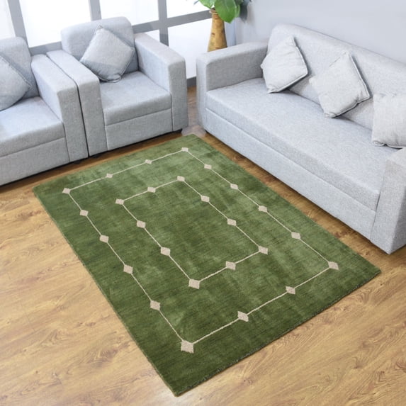 Rugsotic Carpets Hand Knotted Wool Area Rug 8'x10' Green Geometric Rectangle Indoor Rug for Living Room, Bedroom Antimicrobial L00532