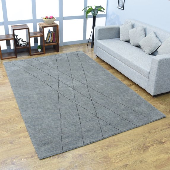 Rugsotic Carpets Hand Knotted Wool Area Rug 5'x8' Light Blue Geometric Rectangle Indoor Rug for Living Room, Bedroom Antimicrobial L00645