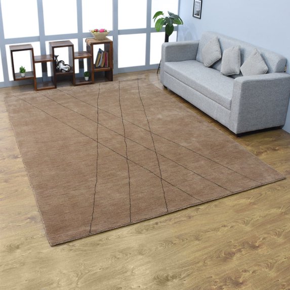 Rugsotic Carpets Hand Knotted Wool Area Rug 6'7''x9'10'' Light Brown Geometric Rectangle Indoor Rug for Living Room, Bedroom Antimicrobial L00645