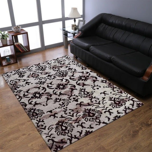 Rugsotic Carpets Hand Knotted Silk Area Rugs - 5'X8', Rectangle, Beige Brown, Contemporary Modern Design, High Pile Thick Handmade Anti Skid Area Rugs For Living Room, Bed Room (Ns1240)