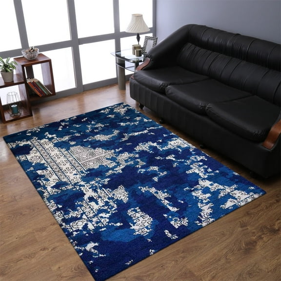 Rugsotic Carpets Hand Knotted Silk Area Rugs - 5'X8', Rectangle, Blue Beige, Abstract Modern Design, High Pile Thick Handmade Anti Skid Area Rugs For Living Room, Bed Room (Ns1241)