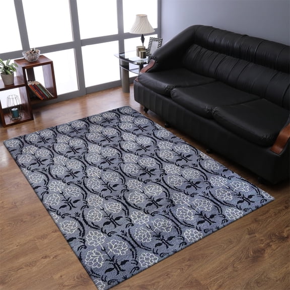 Rugsotic Carpets Hand Knotted Silk Area Rugs - 8'X10', Rectangle, Gray Black, Floral Modern Design, High Pile Thick Handmade Anti Skid Area Rugs For Living Room, Bed Room (Ns1221)