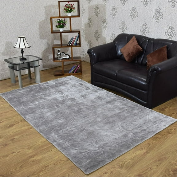 Rugsotic Carpets Hand Knotted Sumak Silk Area Rugs - 5'X8', Rectangle, Silver, Floral Modern Design, High Pile Thick Handmade Anti Skid Area Rugs For Living Room, Bed Room (Ss0009)
