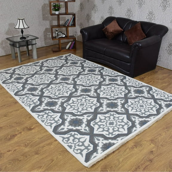 Rugsotic Carpets Hand Knotted Sumak Wool Area Rugs - 6'X9', Rectangle, White Charcoal, Contemporary Modern Design, High Pile Thick Handmade Anti Skid Area Rugs For Living Room, Bed Room (Sw0004)