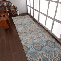 Rugsotic Carpets Hand Knotted Wool 2'6''x10' Runner Area Rug Geometric Light Blue N00803