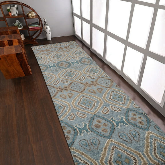 Rugsotic Carpets Hand Knotted Wool 2'6''x10' Runner Area Rug Geometric Light Blue N00803