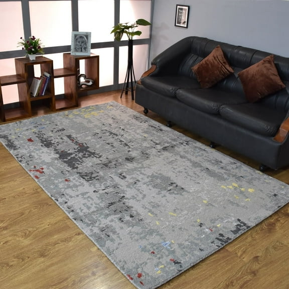 Rugsotic Carpets Hand Knotted Wool & Silk Area Rugs - 5'X8', Rectangle, Gray, Abstract Modern Design, High Pile Thick Handmade Anti Skid Area Rugs For Living Room, Bed Room (Nws121)