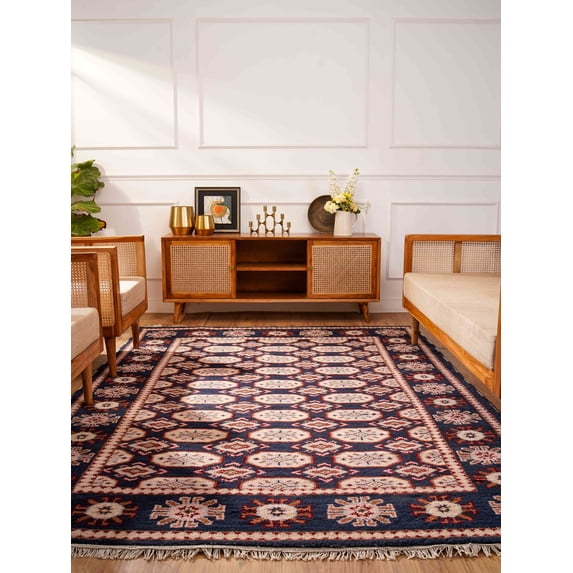 Rugsotic Carpets Hand Knotted Wool and Silk Area Rug, 5'x8', Rectangle, Black, Oriental Handmade Low Pile Rug for Living Room Bedroom