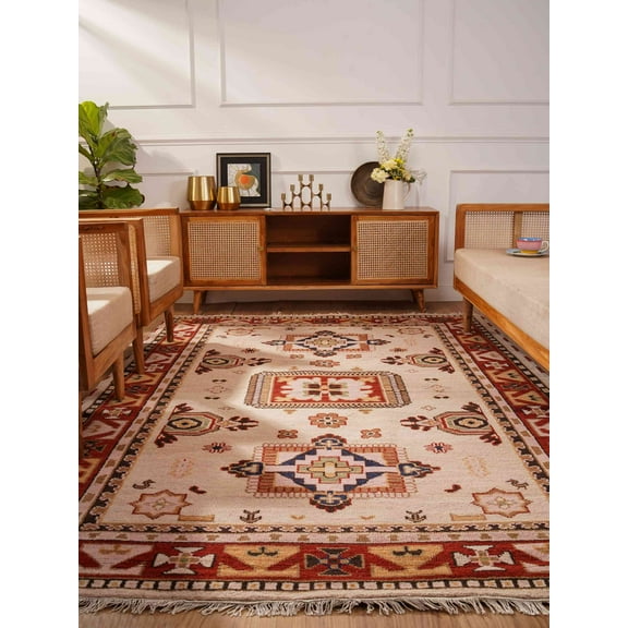 Rugsotic Carpets Hand Knotted Afghan Rugs Rectangle 6'x9' Cream Red Silk-Wool for Indoor Use