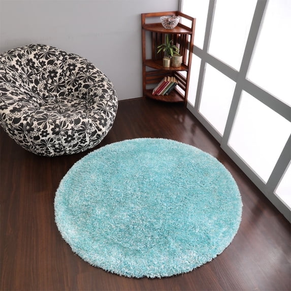 Rugsotic Carpets Hand Tufted Shag Polyester Eco-Friendly Area Rugs - 10'x10', Round, Turquoise White, Plain Solid Design, High Pile Handmade Anti Skid Rugs for Living Room, Bed Room K00111
