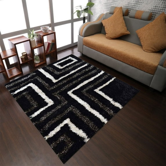 Rugsotic Carpets Hand Tufted Shag Polyester Eco-Friendly Area Rugs - 10'x10', Square, Black Beige, Plain Solid Design, High Pile Handmade Anti Skid Rugs for Living Room, Bed Room K00013