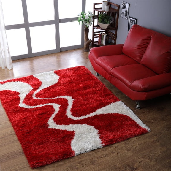 Rugsotic Carpets Hand Tufted Shag Polyester Eco-Friendly 10'x10' Area Rugs Square Red White Contemporary Modern High Pile Thick Handmade Anti Skid Indoor Rug for Living Room, Bedroom K00003