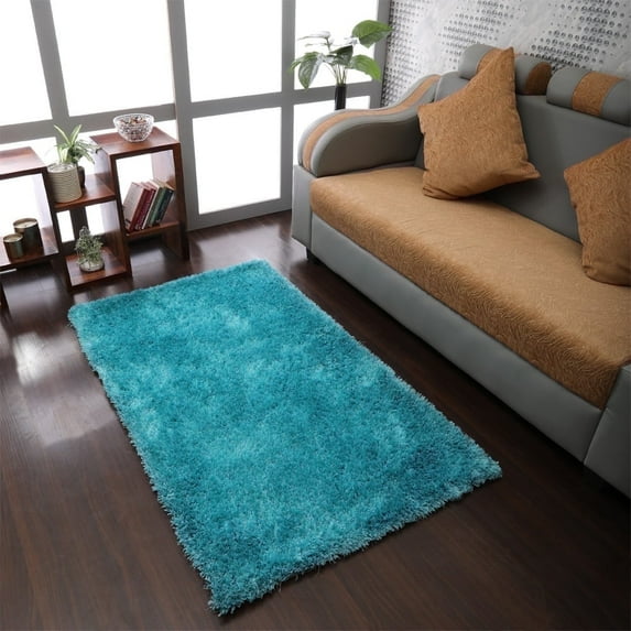 Rugsotic Carpets Hand Tufted Shag Polyester Eco-Friendly Area Rugs - 3'x5', Rectangle, Turquoise, Plain Solid Design, High Pile Handmade Anti Skid Rugs for Living Room, Bed Room K00111