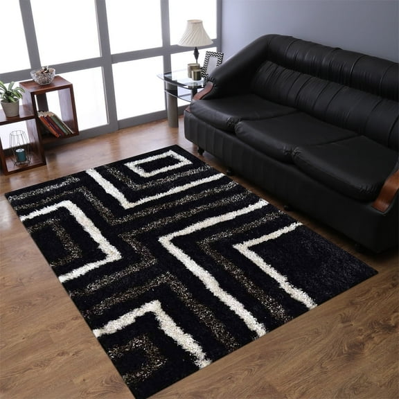 Rugsotic Carpets Hand Tufted Shag Polyester Eco-Friendly Area Rugs - 4'x6', Rectangle, Black Beige, Plain Solid Design, High Pile Handmade Anti Skid Rugs for Living Room, Bed Room K00013