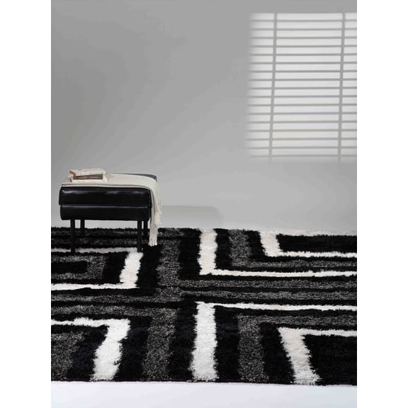 Rugsotic Carpets Hand Tufted Shag Polyester Eco-Friendly 4'x6' Area Rugs Rectangle Black Beige Geometric Modern High Pile Thick Handmade Anti Skid Indoor Rug for Living Room, Bedroom K00013