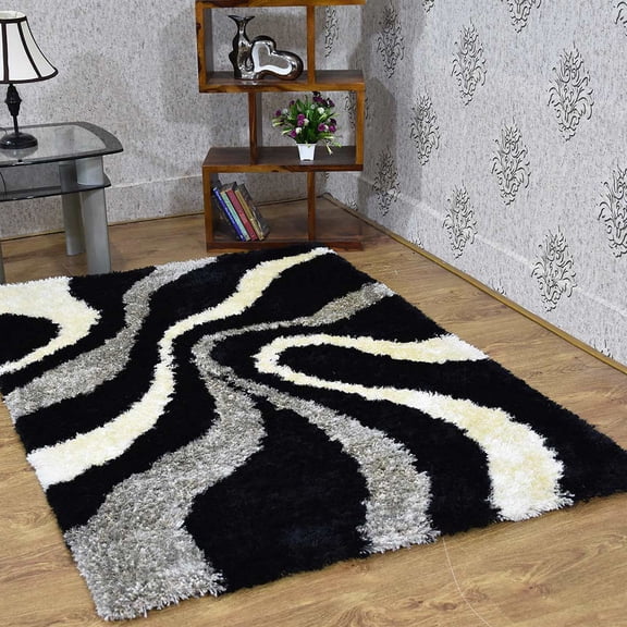 Rugsotic Carpets Hand Tufted Shag Polyester Eco-Friendly 4'x6' Area Rugs Rectangle Black Beige Contemporary Modern High Pile Thick Handmade Anti Skid Indoor Rug for Living Room, Bedroom K00007