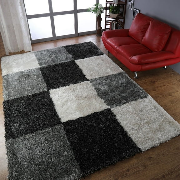 Rugsotic Carpets Hand Tufted Shag Polyester Eco-Friendly Area Rugs - 4'x6', Rectangle, Black Silver, Plain Solid Design, High Pile Handmade Anti Skid Rugs for Living Room, Bed Room K00018