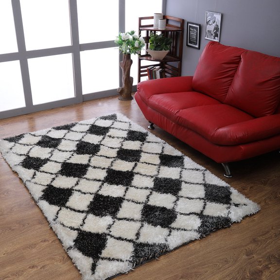 Rugsotic Carpets Hand Tufted Shag Polyester Eco-Friendly 4'x6' Area Rugs Rectangle Gray White Geometric Modern High Pile Thick Handmade Anti Skid Indoor Rug for Living Room, Bedroom K00067