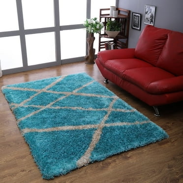 Rugsotic Carpets Hand Tufted Shag Polyester Eco-Friendly Area Rugs - 4'x6', Rectangle, Turquoise White, Plain Solid Design, High Pile Handmade Anti Skid Rugs for Living Room, Bed Room K00052