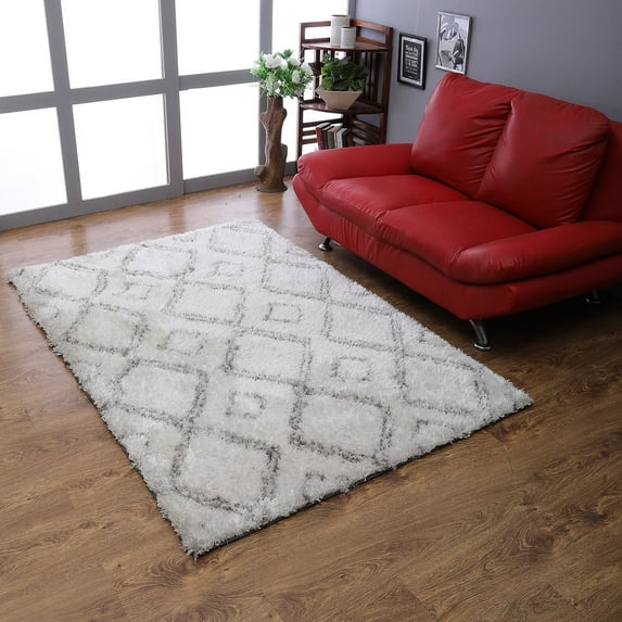Rugsotic Carpets Hand Tufted Shag Polyester Eco-Friendly Area Rugs - 4'x6', Rectangle, White Gray, Plain Solid Design, High Pile Handmade Anti Skid Rugs for Living Room, Bed Room K00072