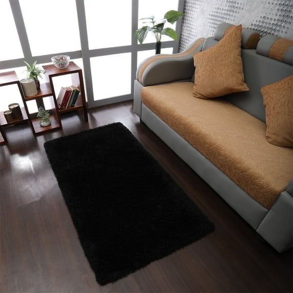 Rugsotic Carpets Hand Tufted Shag Polyester Eco-Friendly Area Rugs - 5'x8', Rectangle, Black, Plain Solid Design, High Pile Handmade Anti Skid Rugs for Living Room, Bed Room K00111