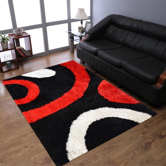 Rugsotic Carpets Hand Tufted Shag Polyester Eco-Friendly 5'x8' Area Rugs Rectangle Black Red Contemporary Modern High Pile Thick Handmade Anti Skid Indoor Rug for Living Room, Bedroom K00025