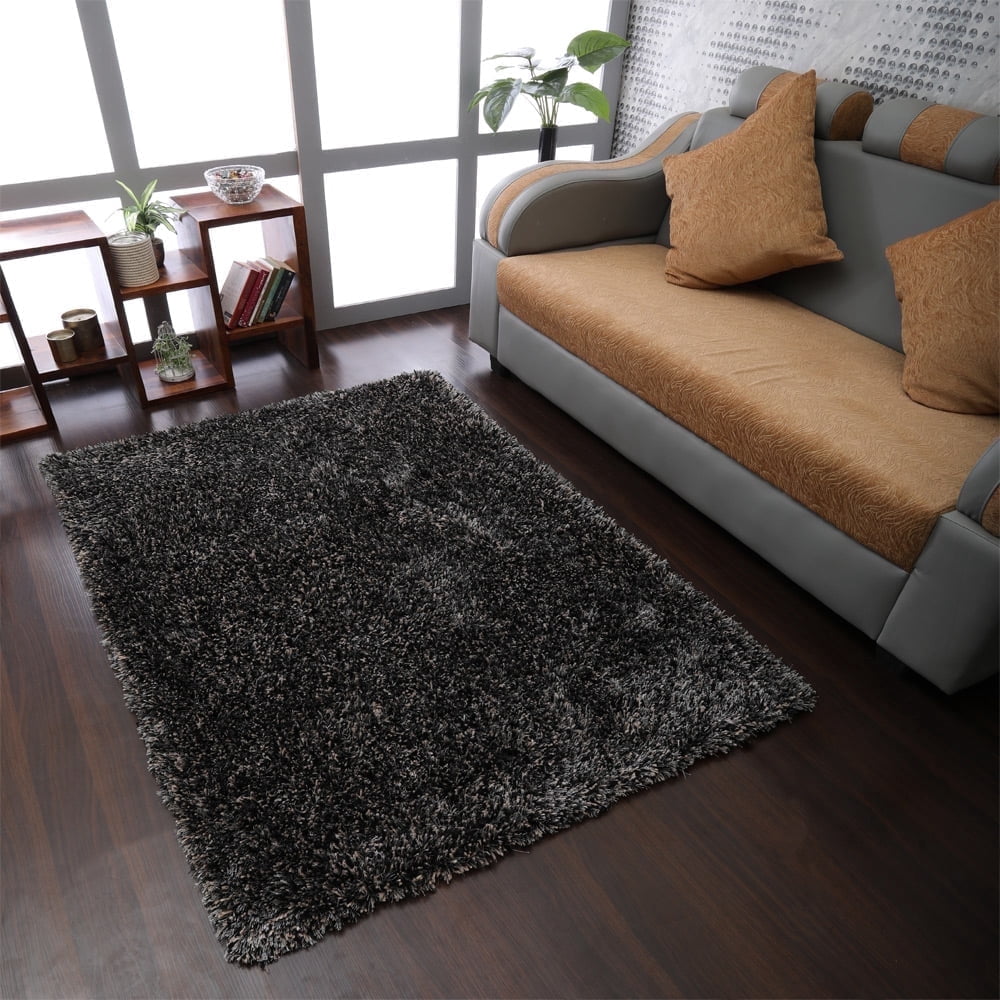 Rugsotic Carpets Hand Tufted Shag Polyester Eco-Friendly Area Rugs - 5'x8', Rectangle, Black Silver, Plain Solid Design, High Pile Handmade Anti Skid Rugs for Living Room, Bed Room K00111