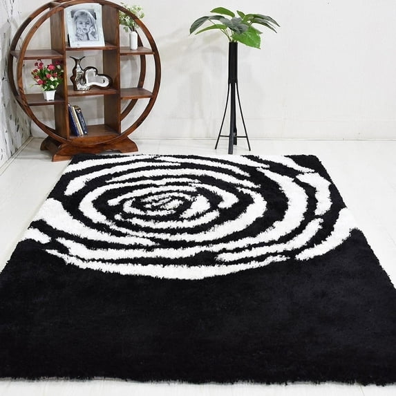 Rugsotic Carpets Hand Tufted Shag Polyester Eco-Friendly Area Rugs - 5'x8', Rectangle, Black White, Plain Solid Design, High Pile Handmade Anti Skid Rugs for Living Room, Bed Room K00006