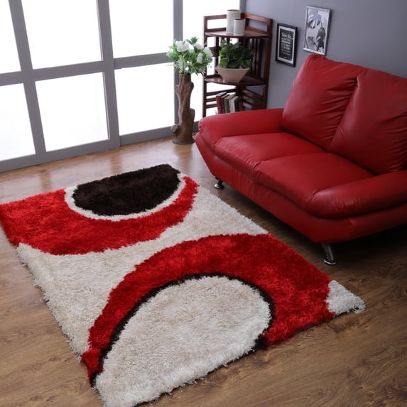 Rugsotic Carpets Hand Tufted Shag Polyester Eco-Friendly Area Rugs - 5'x8', Rectangle, Red Ivory, Plain Solid Design, High Pile Handmade Anti Skid Rugs for Living Room, Bed Room K00034