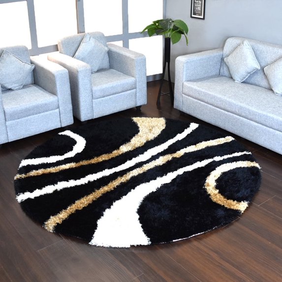Rugsotic Carpets Hand Tufted Shag Polyester Eco-Friendly Area Rugs - 6'x6', Round, Black, Plain Solid Design, High Pile Handmade Anti Skid Rugs for Living Room, Bed Room K00002