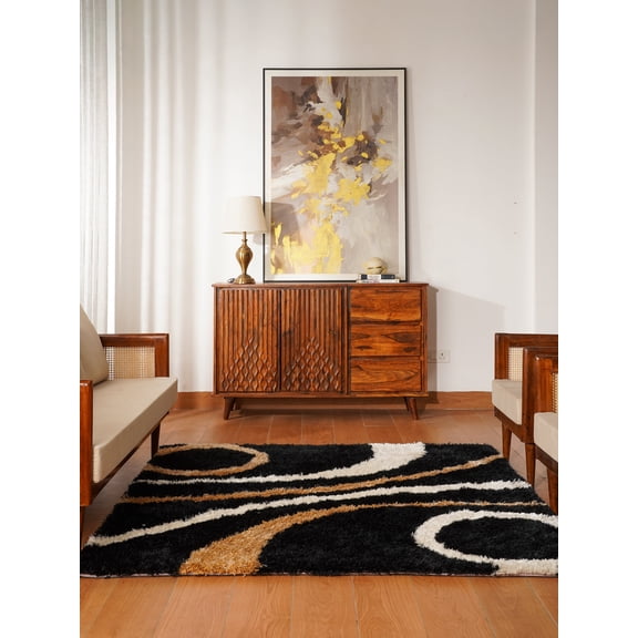 Rugsotic Carpets Hand Tufted Shag Polyester Eco-Friendly 6'x6' Area Rugs Square Black Geometric Modern High Pile Thick Handmade Anti Skid Indoor Rug for Living Room, Bedroom K00002