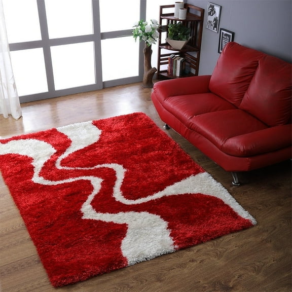 Rugsotic Carpets Hand Tufted Shag Polyester Eco-Friendly Area Rugs - 6'x6', Square, Red White, Plain Solid Design, High Pile Handmade Anti Skid Rugs for Living Room, Bed Room K00003