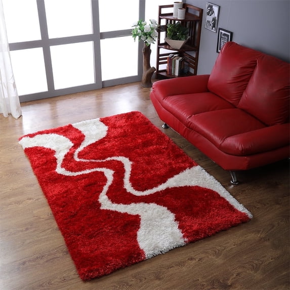 Rugsotic Carpets Hand Tufted Shag Polyester Eco-Friendly Area Rugs - 6'x9', Rectangle, Red White, Plain Solid Design, High Pile Handmade Anti Skid Rugs for Living Room, Bed Room K00003