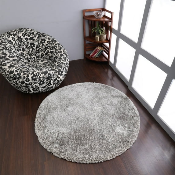 Rugsotic Carpets Hand Tufted Shag Polyester Eco-Friendly Area Rugs - 8'x8', Round, Gray White, Plain Solid Design, High Pile Handmade Anti Skid Rugs for Living Room, Bed Room K00111