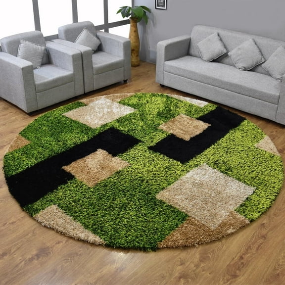 Rugsotic Carpets Hand Tufted Shag Polyester Eco-Friendly Area Rugs - 8'x8', Round, Green Beige, Plain Solid Design, High Pile Handmade Anti Skid Rugs for Living Room, Bed Room K00012