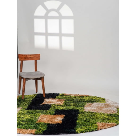 Rugsotic Carpets Hand Tufted Shag Polyester Eco-Friendly 8'x8' Area Rugs Round Green Beige Geometric Modern High Pile Thick Handmade Anti Skid Indoor Rug for Living Room, Bedroom K00012