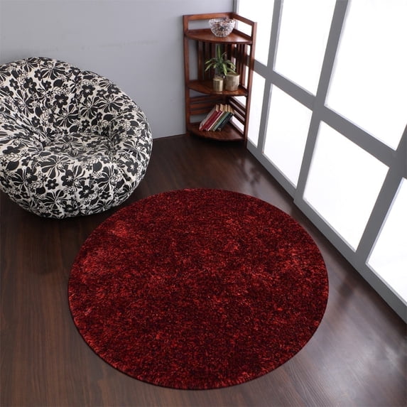 Rugsotic Carpets Hand Tufted Shag Polyester Eco-Friendly Area Rugs - 8'x8', Round, Red Black, Plain Solid Design, High Pile Handmade Anti Skid Rugs for Living Room, Bed Room K00111