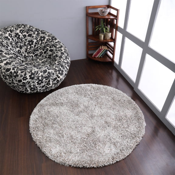 Rugsotic Carpets Hand Tufted Shag Polyester Eco-Friendly 8'x8' Area Rugs Round Silver Plain Solid High Pile Thick Handmade Anti Skid Indoor Rug for Living Room, Bedroom K00059