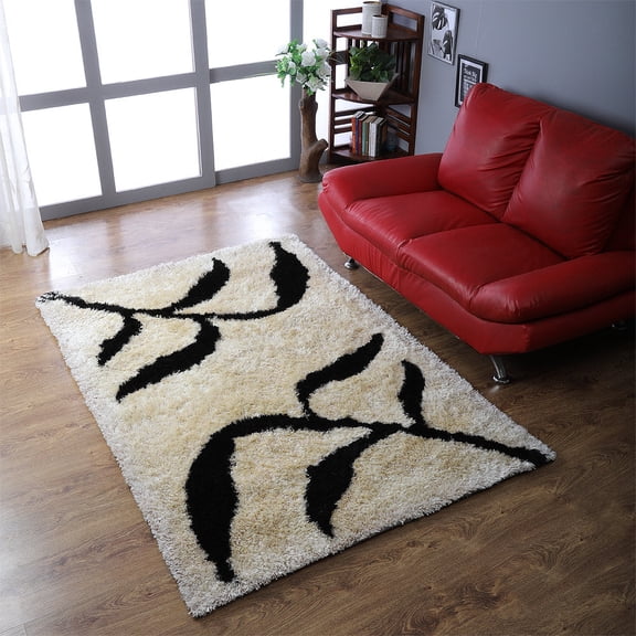 Rugsotic Carpets Hand Tufted Shag Polyester Eco-Friendly 9'x12' Area Rugs Rectangle Beige Black Floral Modern High Pile Thick Handmade Anti Skid Indoor Rug for Living Room, Bedroom K00038