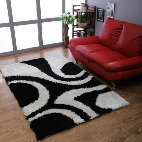 Rugsotic Carpets Hand Tufted Shag Polyester Eco-Friendly Area Rugs - 9'x12', Rectangle, Black White, Plain Solid Design, High Pile Handmade Anti Skid Rugs for Living Room, Bed Room K00077