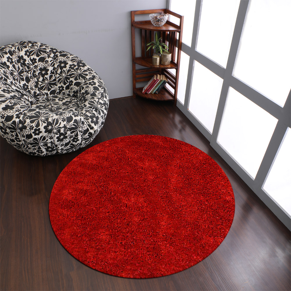 Rugsotic Carpets Hand Tufted Shag, Solid Polyester Round Area Rug, Red