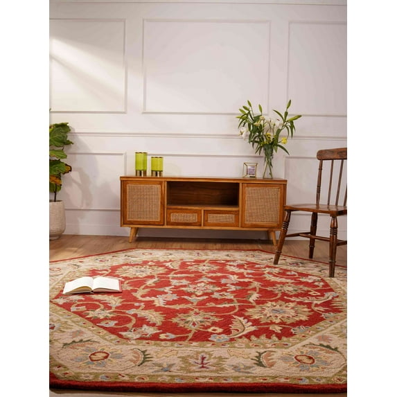 Rugsotic Carpets Hand Tufted Wool 8'x8' Octagon Area Rug Oriental Red Beige K00106