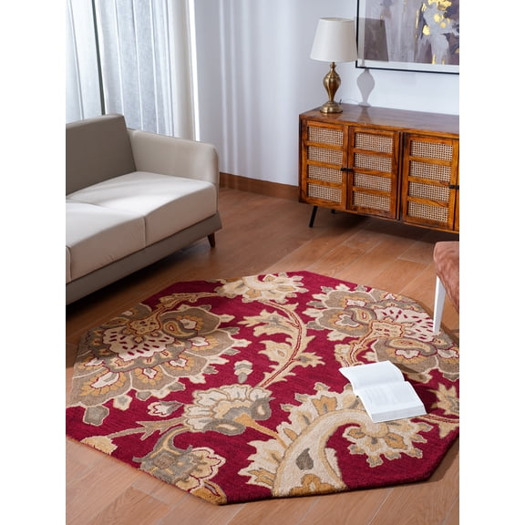 Rugsotic Carpets Hand Tufted Wool Eco-Friendly 10'x10' Area Rugs Octagon Dark Red Floral Modern High Pile Thick Handmade Anti Skid Indoor Rug for Living Room, Bedroom K00151