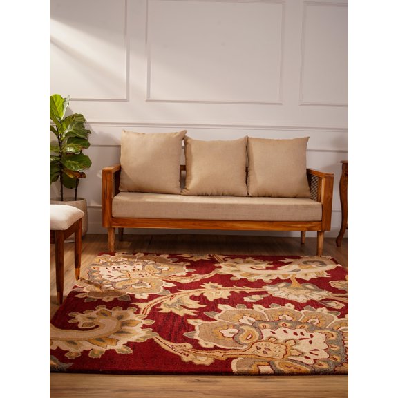 Rugsotic Carpets Hand Tufted Wool Eco-Friendly 10'x10' Area Rugs Square Dark Red Floral Modern High Pile Thick Handmade Anti Skid Indoor Rug for Living Room, Bedroom K00151