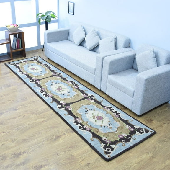 Rugsotic Carpets Hand Tufted Wool Eco-Friendly Area Rugs - 2'6''x10', Runner, Beige Blue, Modern Contemporary Design, High Pile Handmade Anti Skid Rugs for Living Room, Bed Room (K00S04)