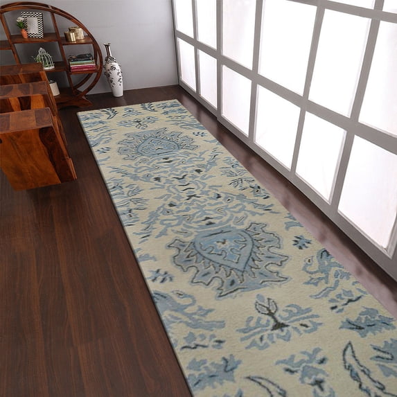 Rugsotic Carpets Hand Tufted Wool Eco-Friendly 2'6''x10' Area Rugs Runner Beige Blue Oriental High Pile Thick Handmade Anti Skid Indoor Rug for Living Room, Bedroom K00937